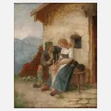 Theodor Kleehaas, Liebespaar vor der Almhütte, Öl auf Leinwand