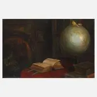 W. Leber, Stillleben mit Globus, Öl auf Pappe