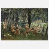 Max Vogel, "Badende Kinder am Bach", Öl auf Leinwand