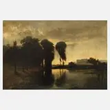 F. Weigel, Abenddämmerung am Fluss, 1921, Öl auf Leinwand und Platte