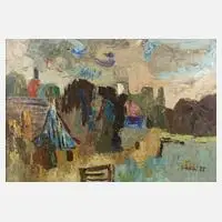 Arnold Fritz, Abstrakte Dorflandschaft, Öl auf Malkarton