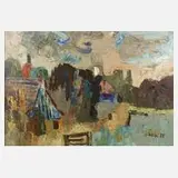 Arnold Fritz, Abstrakte Dorflandschaft, Öl auf Malkarton