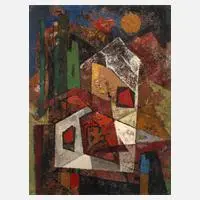 Wilhelm Imkamp, Abstrakte nächtliche Stadtlandschaft, Öl auf Karton