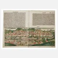 Michael Wolgemut, Ansicht Regensburg, Kupferstich und Buchdruck