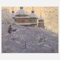 Viktor Böhm, "Russische Dorfkirche", Farbholzschnitt