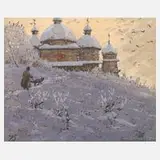 Viktor Böhm, "Russische Dorfkirche", Farbholzschnitt