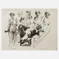 Lovis Corinth, "Liegender Akt mit stehenden Modellen", Kreidelithographie auf Maschinenbütten