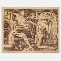 Edmund Daniel Kinzinger, Akte in Landschaft, 1912, Linolschnitt in Braun