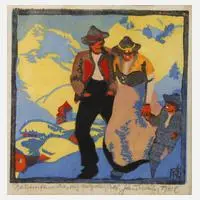 Robert Saurwein, "Bauernfamilie", Farbholzschnitt auf Japanpapier