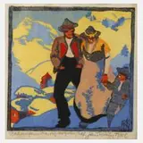 Robert Saurwein, "Bauernfamilie", Farbholzschnitt auf Japanpapier