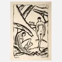 Max Zachmann, "Begegnung", 1913, Tuschelithographie auf hauchdünnem Papier und dieses auf feinem Gewebe kaschiert