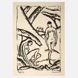 Max Zachmann, "Begegnung", 1913, Tuschelithographie auf hauchdünnem Papier und dieses auf feinem Gewebe kaschiert