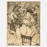 Johannes Driesch, Prügelei, Tuschefeder auf liniertem Papier