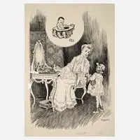 Walther Caspari, Im Boudoir, Tuschefeder und Deckweiß auf Papier