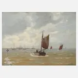 Geo Wolters, Segler vor der Küste, Gouache und Aquarell auf Karton