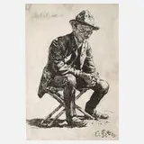 Otto Greiner, Junger Mann auf Klapphocker, Tuschelithographie auf dünnem Papier