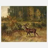 Hanns Taeger, Hirsch auf Waldlichtung, Öl auf Leinwand