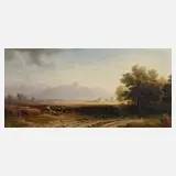 Karl Heilmayer, Märzenlandschaft mit Bauer beim Pflügen, 1867, Öl auf Holzplatte