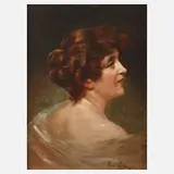 Bruno Pinkow, Schulterportrait einer Dame, 1897, Öl auf dünnem Malkarton auf Pressspanplatte kaschiert