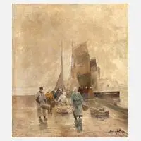 Bruno Jüttner, Morgens am Kai, Öl auf Leinwand