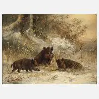 Moritz Müller-München, Wildschweinrotte im Winter, Öl auf Holz
