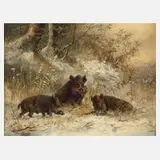 Moritz Müller-München, Wildschweinrotte im Winter, Öl auf Holz
