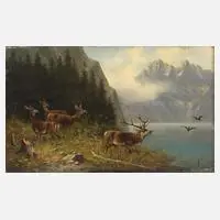 Moritz Müller-München, Hirschbrunft am Königsee, Öl auf Holz
