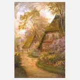 Marie Oesterley, Reetgedeckte Bauernhäuser, Öl auf Leinen auf Holz kaschiert