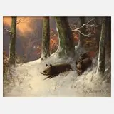 Otto Scheuerer, Wildschweine im Winterwald, Öl auf Platte