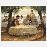 Josef Klarl, "Kaffeegarten am Wörthersee", Öl auf Leinwand