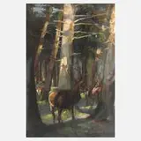 Heinrich Schütz, Hirschwild im Wald, Öl auf Karton