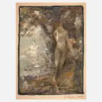 Julius Seyler, Damenakt am Ufer, Öl auf Papier