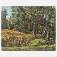 Alexander Wolfgang, Sommeridyll am Dorfrand, Öl auf Karton