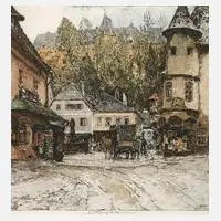 Luigi Kasimir, Ansicht von Grein, 1926, Farbradierung