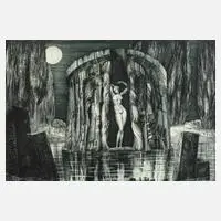 Ernst Fuchs, "Die Geburt der Venus", Radierung in Dunkelgrün