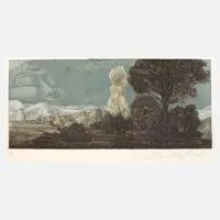 Ernst Fuchs, "Zyklopische Landschaft", Radierung auf Bütten
