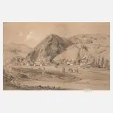 Johann Georg von Dillis, Voralpenlandschaft, 1801, Bleistiftzeichnung mit gekonnt gesetzten Lichtern in weißer Kreide auf Papier