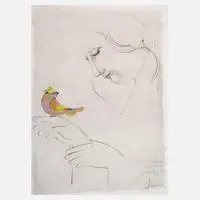 Junge Frau mit Vogel by Bjørn Wiinblad, Mischtechnik, sold Nov 2025