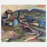 Fredo Bley, Häuser in bergiger Landschaft, Öl auf Hartfaserplatte