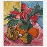 Fredo Bley, Stillleben mit Blumen und Früchten, Öl auf Hartfaserplatte