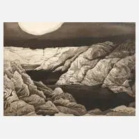 Peter Sylvester, Mondscheinlandschaft, Aquatintaradierung in Braun gedruckt