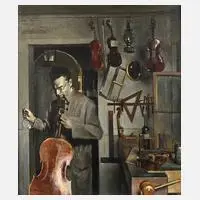 Hermann Graf, Beim Streichinstrumentenbauer, Öl auf Pappe