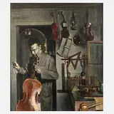Hermann Graf, Beim Streichinstrumentenbauer, Öl auf Pappe