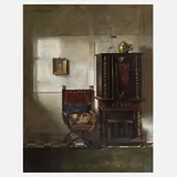 Hermann Graf, Interieur mit Stollenschrank, Öl auf Pappe