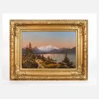 Spätromantiker, Frau am abendlichen Alpensee, 1867, Öl auf Leinwand