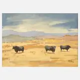 Manuel Blesa, Stiere in sonniger Landschaft, Öl auf Karton