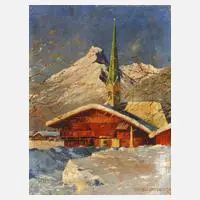 Carl Braml, Winterliches Dorf im Gebirge, Öl auf Hartfaserplatte