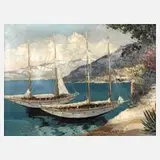 A. Camprio, Yachten an der Küste, Öl auf Leinwand