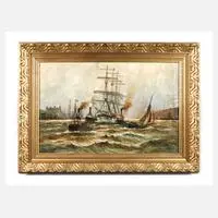 Prof. Alfred Jensen, Schiffe im Hamburger Hafen, Öl auf Leinwand