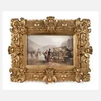 E. Rovier, Geflügelmarkt in Antwerpen, Ölmalerei auf Holztafel